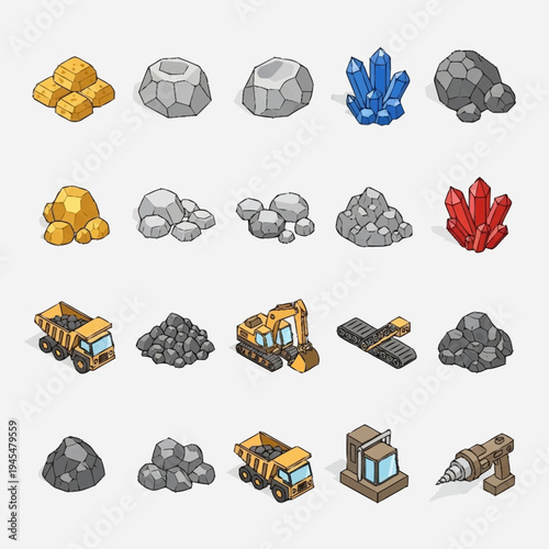 Isometric Mining Elements Collection for Game Design and Resource Management.