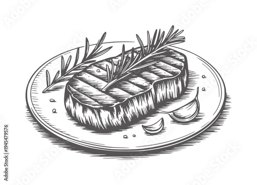 Black and white style of grilled steak with rosemary and garlic a plate meat