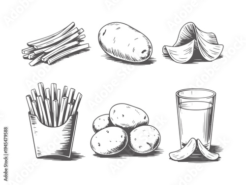 Black and white style of potatoes and potato chips with fries and drink blackandwhite