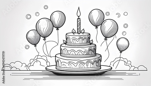 continuous single line drawing of birthday cake with candle and balloons in black line art on white background