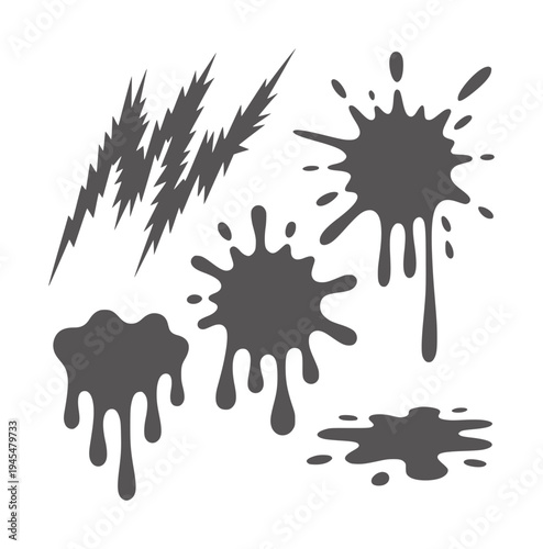 Black ink splatters and drips with jagged lightning bolts white