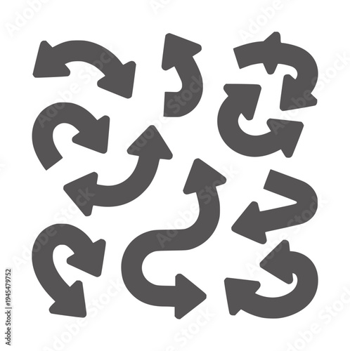 Collection of black curved and circular arrow silhouettes white arrows