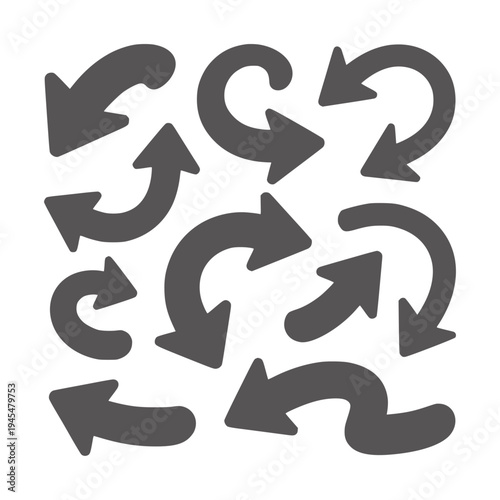 Collection of black curved and circular arrow silhouettes white arrows clockwise