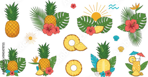 Tropical Pineapple Summer Collection with Hibiscus Flowers, Palm Leaves, Sun, and Beach Elements for Exotic Vacation Illustration Design