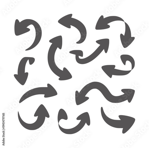 Collection of ten curved and looping black arrow silhouettes white arrows