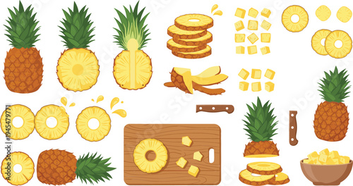 Fresh Pineapple Preparation and Slices Collection with Whole Fruit, Rings, Cubes, Knife, and Cutting Board for Tropical Food Illustration
