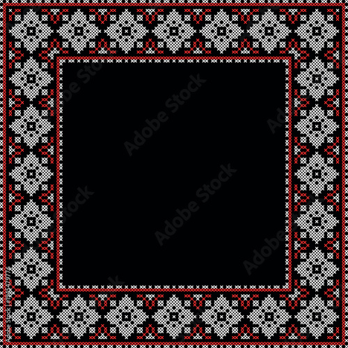 Square frame made of traditional Ukrainian embroidery pattern with red and black cross stitch ornament on white background. Folk ethnic design inspired by vyshyvanka, perfect for borders