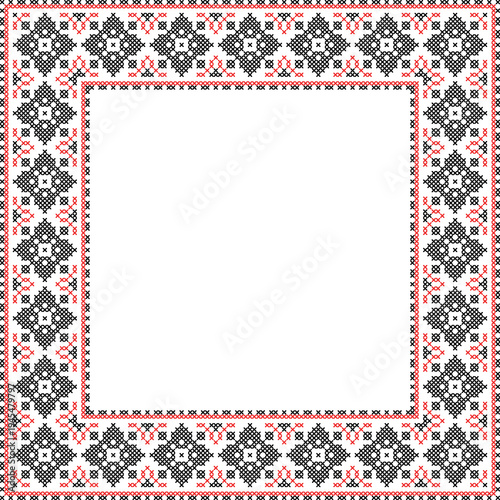 Square frame made of traditional Ukrainian embroidery pattern with red and black cross stitch ornament on white background. Folk ethnic design inspired by vyshyvanka, perfect for borders