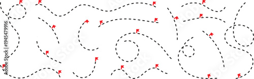 Abstract path dotted lines with black and red  arrows suggesting movement. a collection curved dashed arrow icons designs. Vector illustration