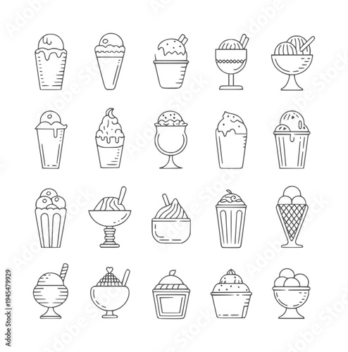 Monochrome line set of various ice cream desserts in different containers icecream