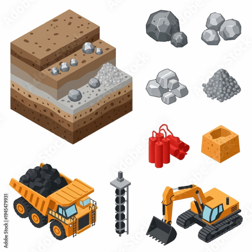 Isometric mining industry elements set with minerals and heavy machinery.