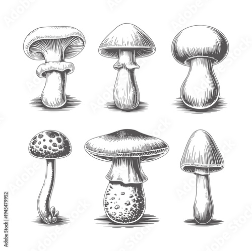 Six black and white ink of different mushroom types mushrooms monochrome