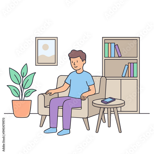 A man sits on a couch in a living room with a bookshelf and plant.