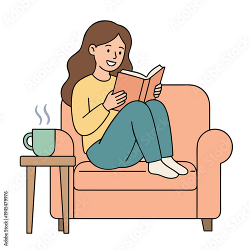 Woman reading book on sofa with coffee on side table indoors