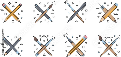 Creative Art Tools Icon Set with Crossed Pencils, Pens, Brushes, and Design Elements for Education, Drawing, and Artistic Illustration