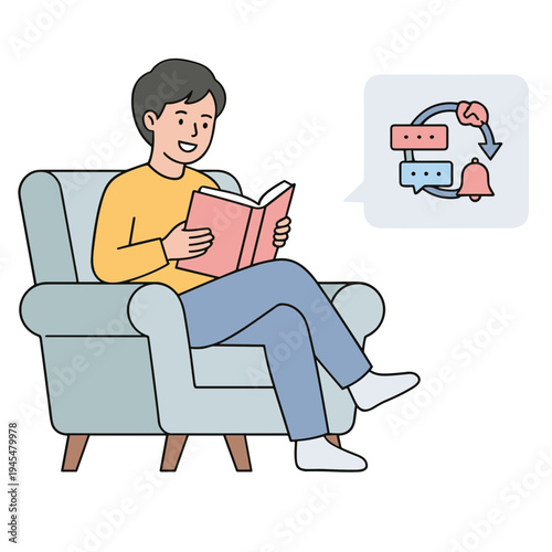 A man sits on a sofa reading a book while a speech bubble with chat icons appears beside him.