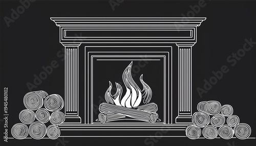 continuous line drawing of a traditional fireplace with dancing flame and firewood in a modern black and white silhouette style