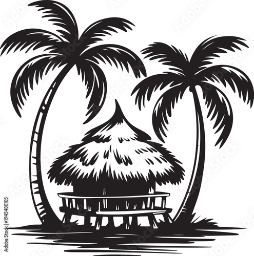 Black and white illustration of a thatched beach hut and palm trees