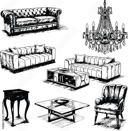 Hand-Drawn Sofas, Chandelier, and Armchair Set