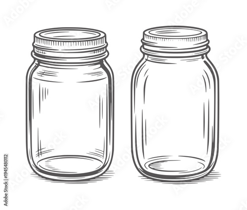 Two empty mason jars black and white line glass lids metal