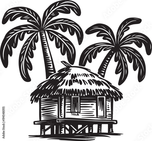 Tropical hut with palm trees on stilts in black and white illustration