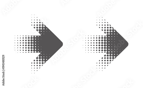 Two right facing gradient halftone arrows in monochrome