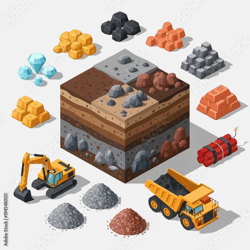 Isometric Mining Scene with Earth Layers, Excavator, Dump Truck, and Various Minerals.