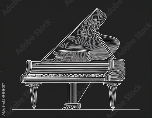 continuous single line drawing of a luxury wooden grand piano in minimalist black and white style