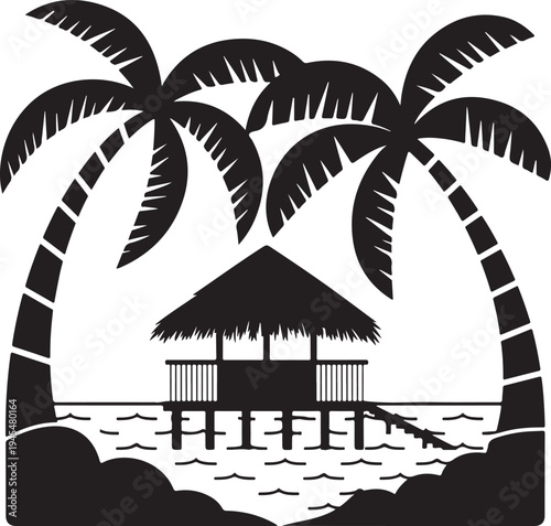 Black and white tropical hut on stilts with palm trees