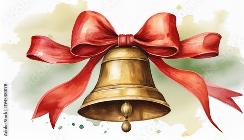 a watercolor of a bell with a red bow