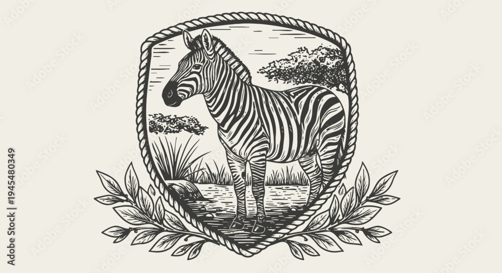 Obraz premium vintage zebra illustration in natural landscape framed by rope and leafy branches