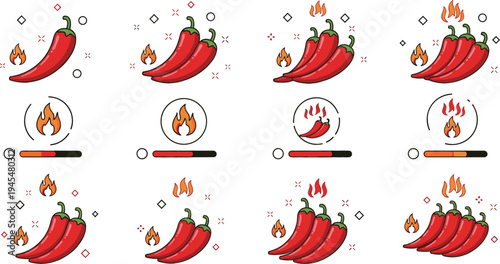 Spicy Chili Pepper Heat Level Icon Set with Fire Flames, Red Peppers, and Scoville Scale Indicators for Food Spiciness Rating Design