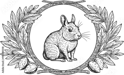 Vintage chinchilla illustration framed with almond branches and leaves in black and white
