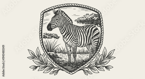 vintage zebra illustration in natural landscape framed by rope and leafy branches