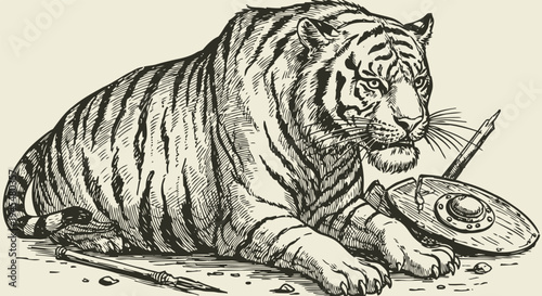 Powerful tiger resting beside ancient weapons detailed vintage wild animal with spear and shield illustration