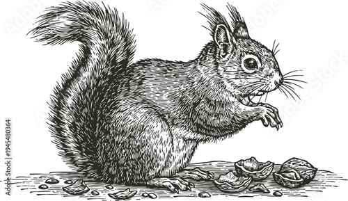 Detailed vintage illustration of a squirrel eating nuts with shells scattered around on the ground