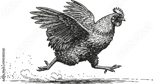 Running chicken with wings spread, detailed black and white vintage engraving illustration
