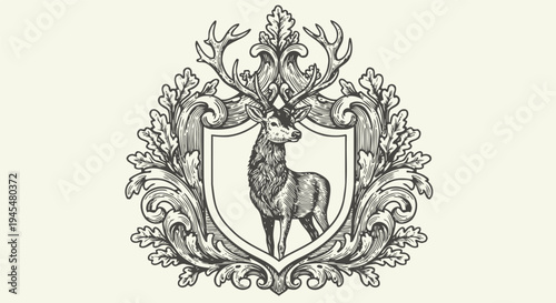 Vintage heraldic crest with detailed deer stag standing inside ornamental shield frame