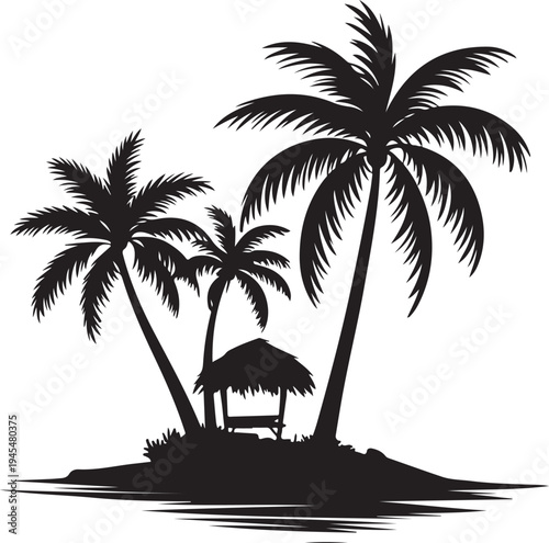 Black silhouette of palm trees on a tropical island with a hut