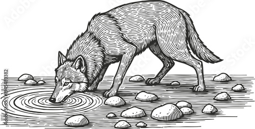 Wolf drinking water from river with surrounding stones, wild animal in nature illustration
