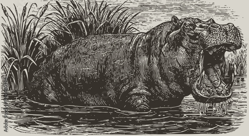 Large hippopotamus in water with open mouth showing teeth wildlife river animal in natural habitat