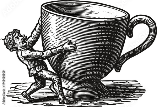 Vintage engraving of a man struggling to lift an oversized teacup, black and white illustration