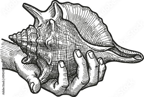 Hands holding large conch shell detailed vintage engraving illustration of seashell ocean marine life