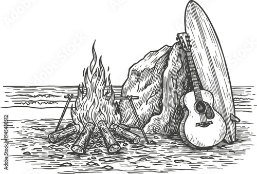 Beach bonfire with acoustic guitar and surfboard leaning on rock by the sea shore