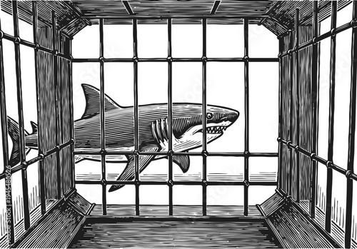 Great white shark inside a metal cage underwater ocean diving, dangerous predator, marine wildlife close encounter