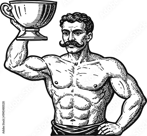 Vintage strongman with mustache holding large trophy cup flexing muscles illustration