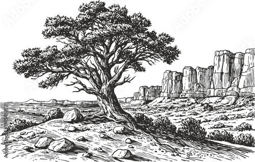 Desert landscape with rocky cliffs and a solitary tree in arid terrain, natural wilderness scene
