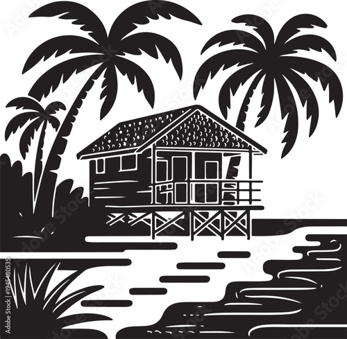 Black and white illustration of beach hut with palm trees