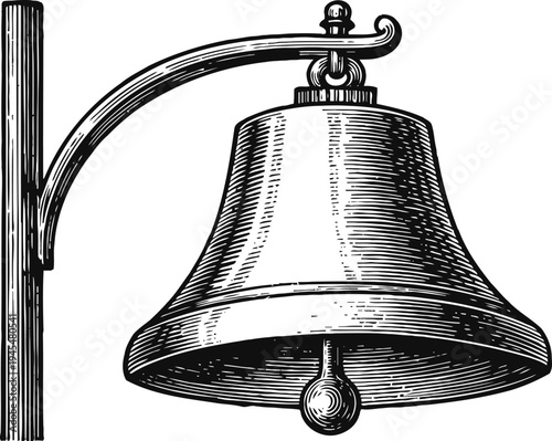 Vintage hand drawn bell hanging on wooden bracket with detailed engraving and shading