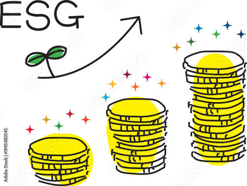 ESGイメージ、増えるコインとSDGsカラーのキラキラ